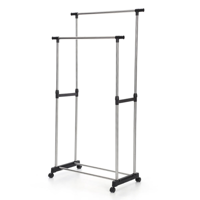 Suporte de tecido vertical ajustável portátil, cabideiro vertical com rodinhas, cabideiro de roupas de metal de camada dupla