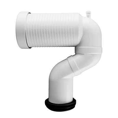 Conector de tubo PVC branco de comprimento ajustável, usado para conectar o painel do WC ao tubo de drenagem de plástico