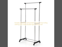 Suporte de tecido vertical ajustável portátil, cabideiro vertical com rodinhas, cabideiro de roupas de metal de camada dupla